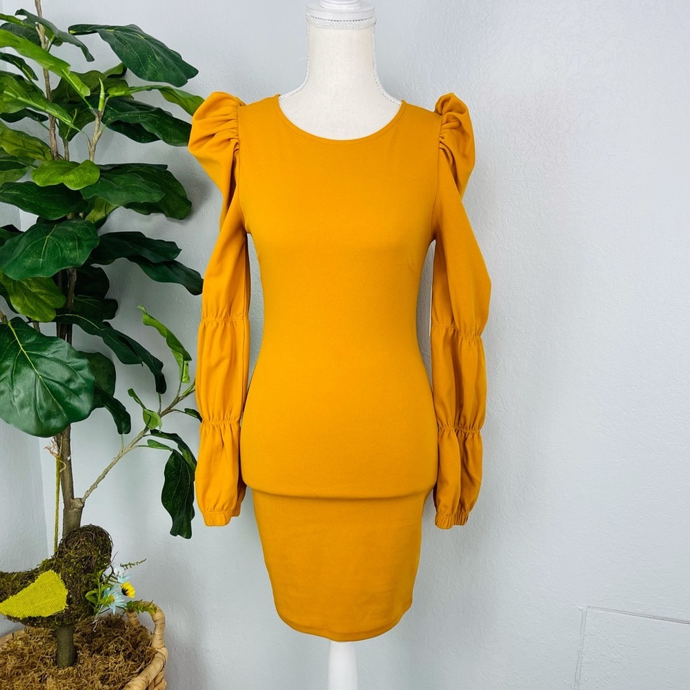NWT CHERRY MELLOW YELLOW BRONZE LONG SLEEVE PUFF SLEEVE BODY CON DRESS